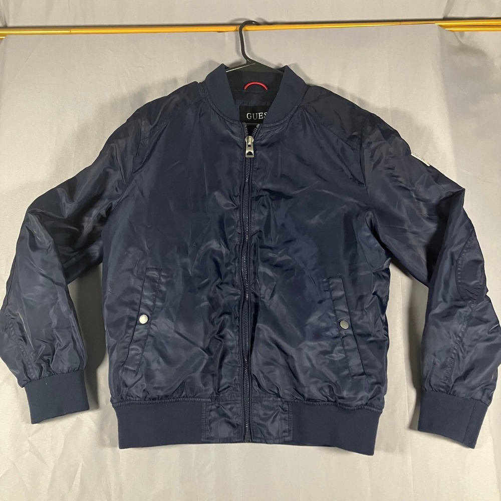 GUESS Mens Navy Bomber Jacket Lightweight Zip Front Embroidered Logo Medium